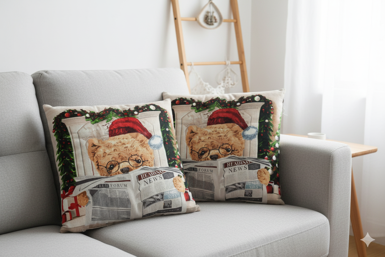 Christmas Teddy Reading Newspaper Cushion  – 16x16 Inch