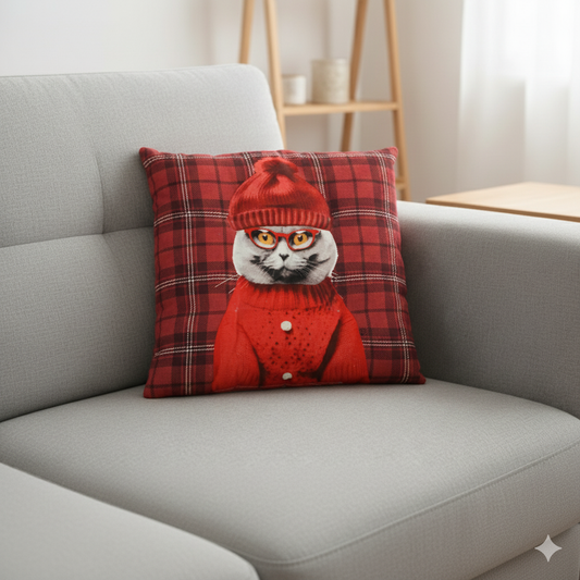 Cozy Cat Print Cushion – Red Checkered 16x16 Inch Decorative Pillow