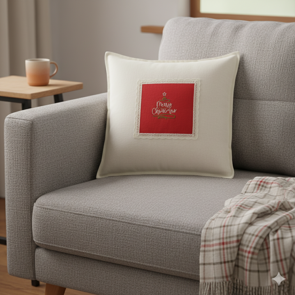 Merry Christmas Embroidered Cushion Cover with Lace Border  – 16x16 Inch Set of 2