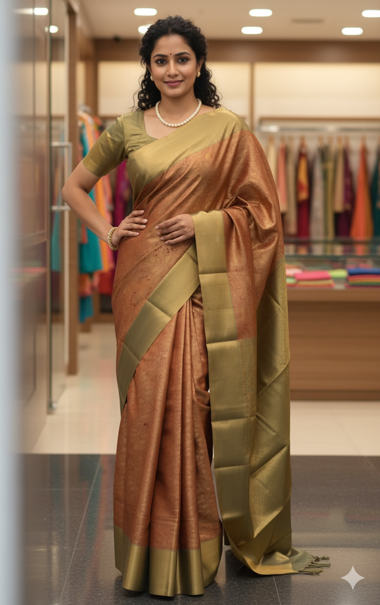 Elegant Copper Brown & Olive Green Art Silk Saree with Subtle Brocade Detailing