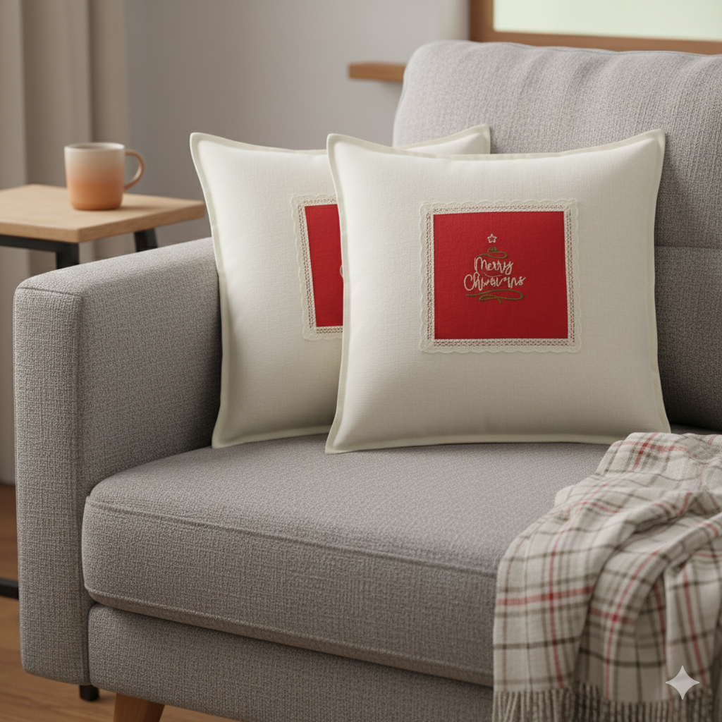 Merry Christmas Embroidered Cushion Cover with Lace Border  – 16x16 Inch Set of 2