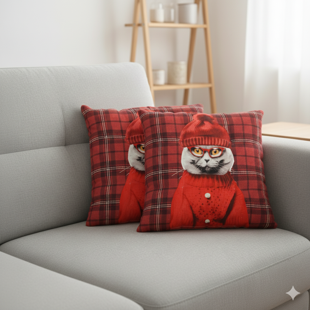 Cozy Cat Print Cushion – Red Checkered 16x16 Inch Decorative Pillow