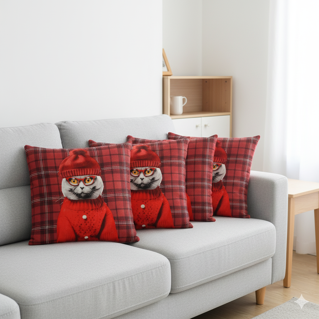 Cozy Cat Print Cushion – Red Checkered 16x16 Inch Decorative Pillow