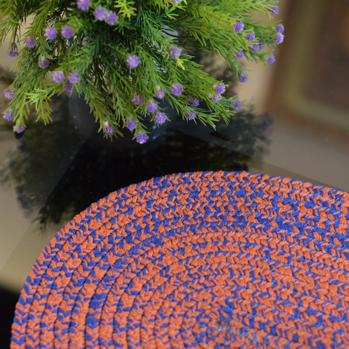 Handmade Braided Table Mat – Orange & Blue Oval Design