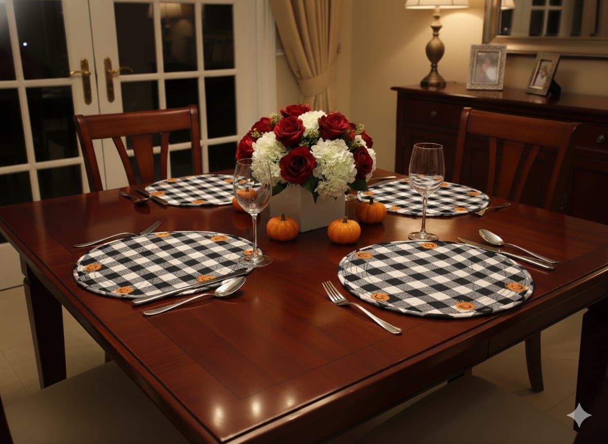 Halloween Pumpkin Checkered Round Table Mat🎃