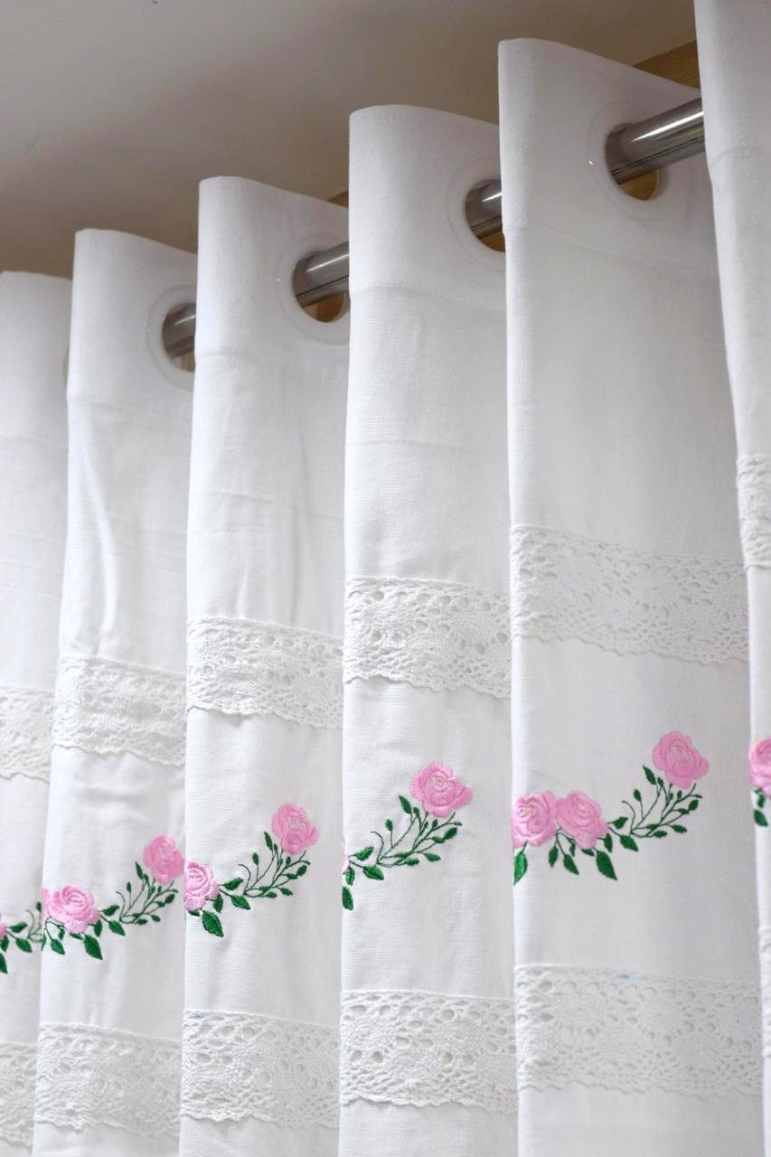 White Cotton Door Curtain with Pink Floral Embroidery & Lace Border – 4×7 ft