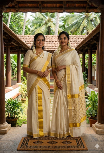 Kerala Heritage Matching Set | Traditional Kasavu Set Saree &amp; Men’s Mundu