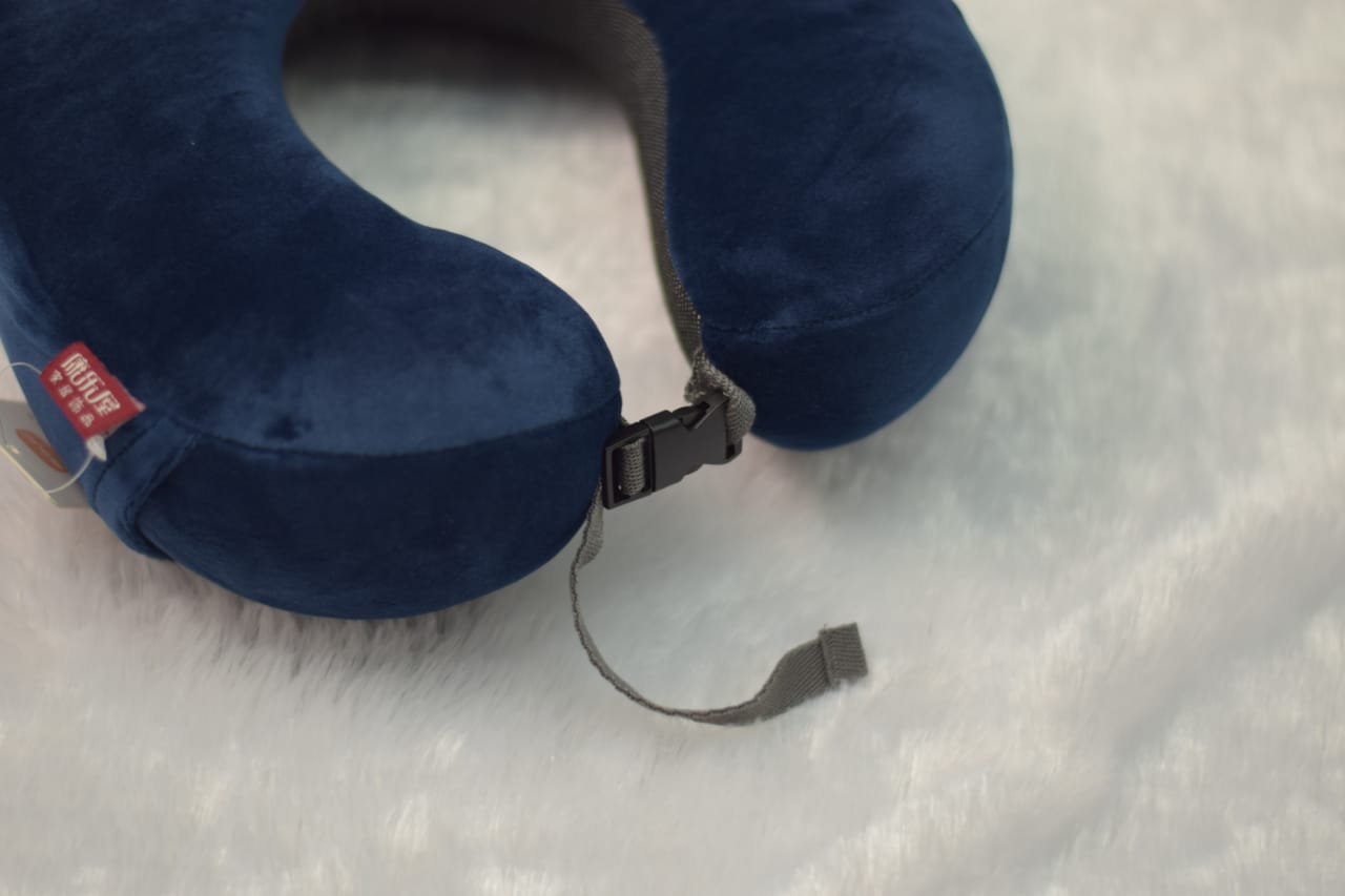 Premium Memory Foam Travel Neck Pillow – Soft Velvet Cover with Adjustable Strap (Navy Blue)