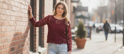 Maroon Floral Lace Jeans Top – Free Size Elegant Party Wear