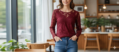 Maroon Floral Lace Jeans Top – Free Size Elegant Party Wear