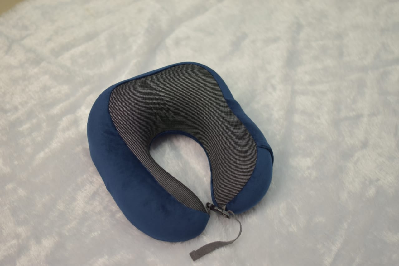 Premium Memory Foam Travel Neck Pillow – Soft Velvet Cover with Adjustable Strap (Navy Blue)