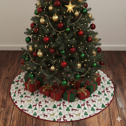 75cm Christmas Tree Skirt – Reindeer & Pine Tree Print, Festive Holiday Decoration