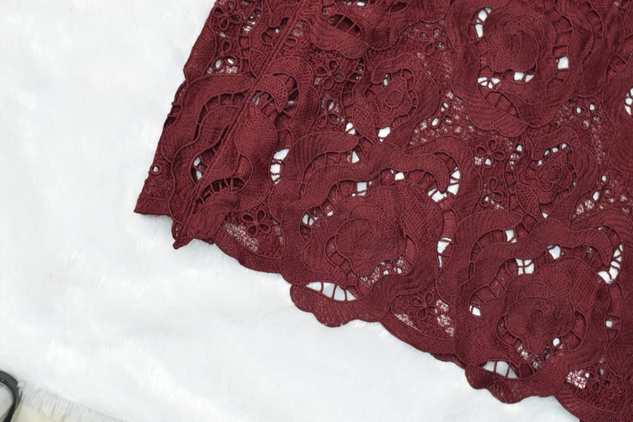 Maroon Floral Lace Jeans Top – Free Size Elegant Party Wear