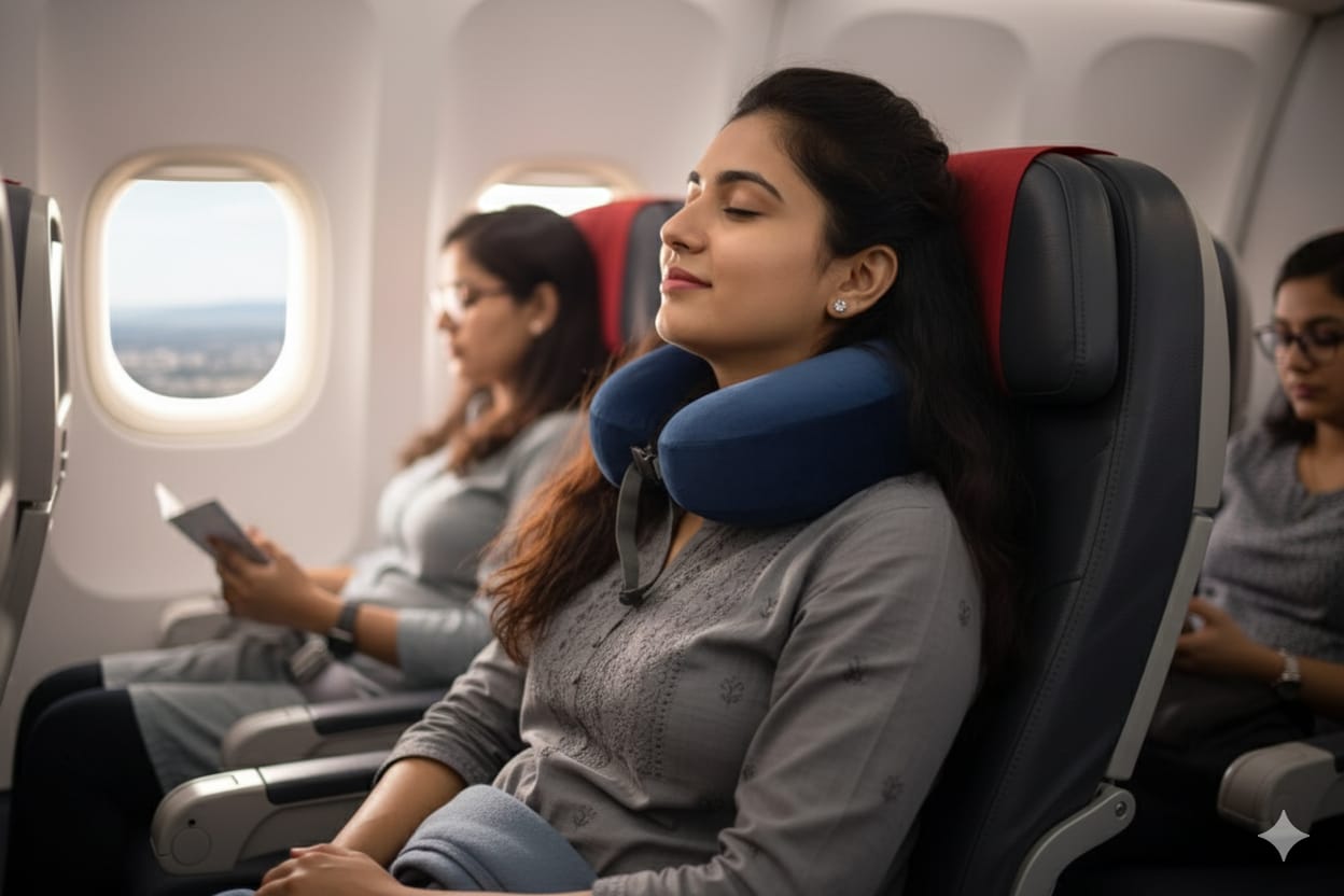 Premium Memory Foam Travel Neck Pillow – Soft Velvet Cover with Adjustable Strap (Navy Blue)