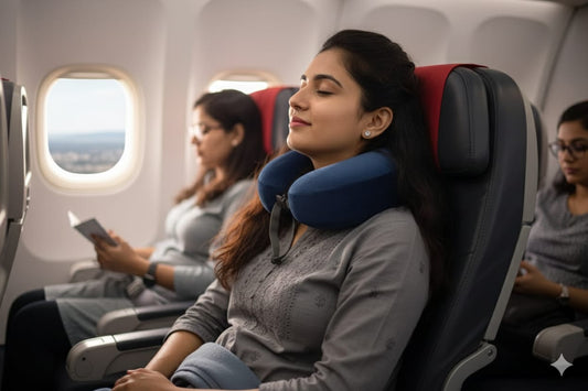 Premium Memory Foam Travel Neck Pillow – Soft Velvet Cover with Adjustable Strap (Navy Blue)