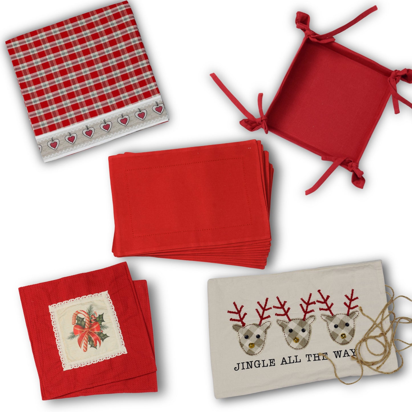 Festive Red Table Linen Gift Hamper Set – Cushion Covers, Table Cloth, Placemats, Bread Basket & Gift Cover