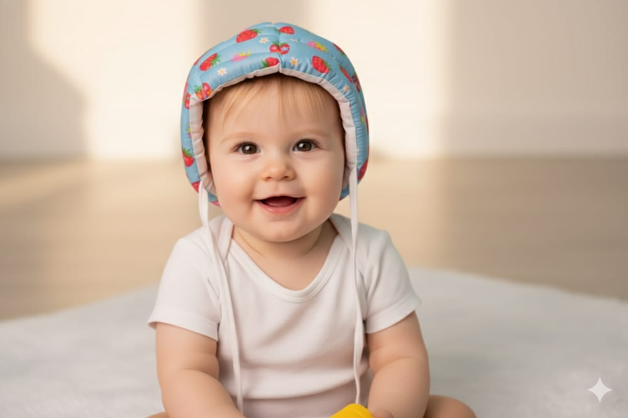 Baby Safety Helmet – Soft Adjustable Head Protector (Strawberry Print) (4–30 Months)
