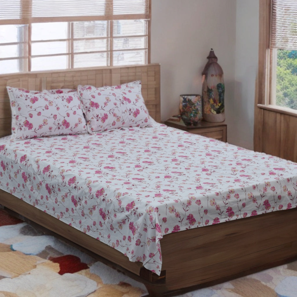 Floral Bliss Cotton Bedsheet Set – Pink Blossom Print - King  Bedsheet with 2 Pillow Covers