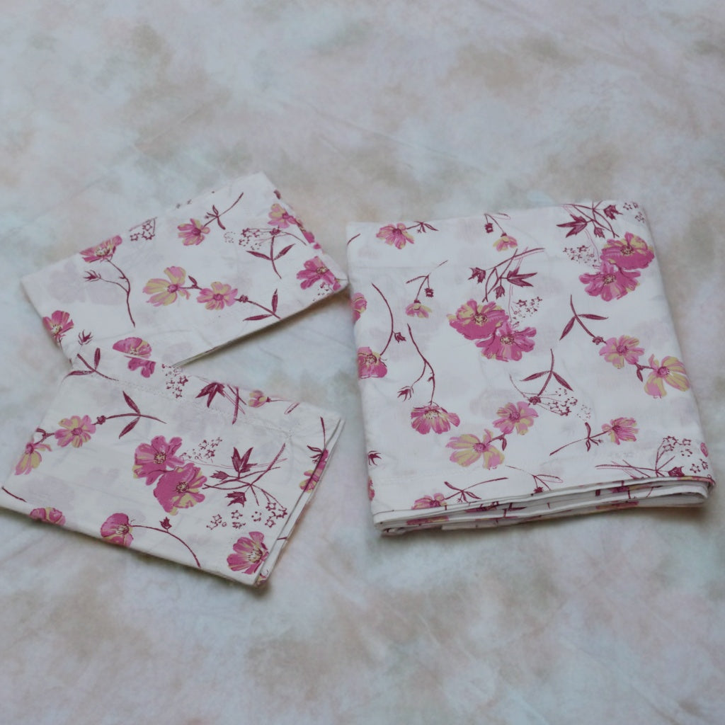 Floral Bliss Cotton Bedsheet Set – Pink Blossom Print - King  Bedsheet with 2 Pillow Covers