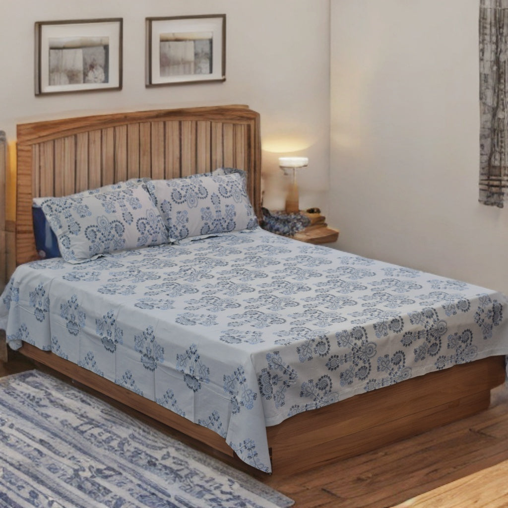 Elegant Indigo Block Print Cotton Bedsheet Set – Queen Bed Bedsheet with 2 Pillow Covers