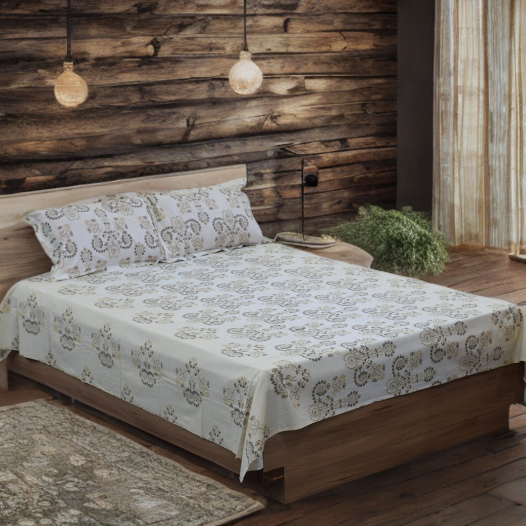 Royal Beige Mandala Print Cotton Bedsheet Set – Queen Size Bedsheet with 2 Pillow Covers