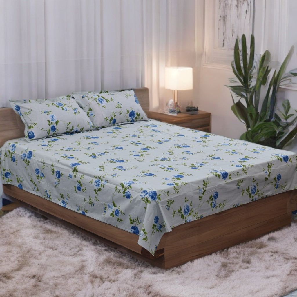 Blue Rose Bloom Cotton Bedsheet Set – Queen Size Bedsheet with 2 Pillow Covers