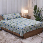 Blue Rose Bloom Cotton Bedsheet Set – Queen Size Bedsheet with 2 Pillow Covers