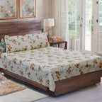 Elegant Orange &Green Floral Print Queen Size Bedsheet with 2 Pillow Covers
