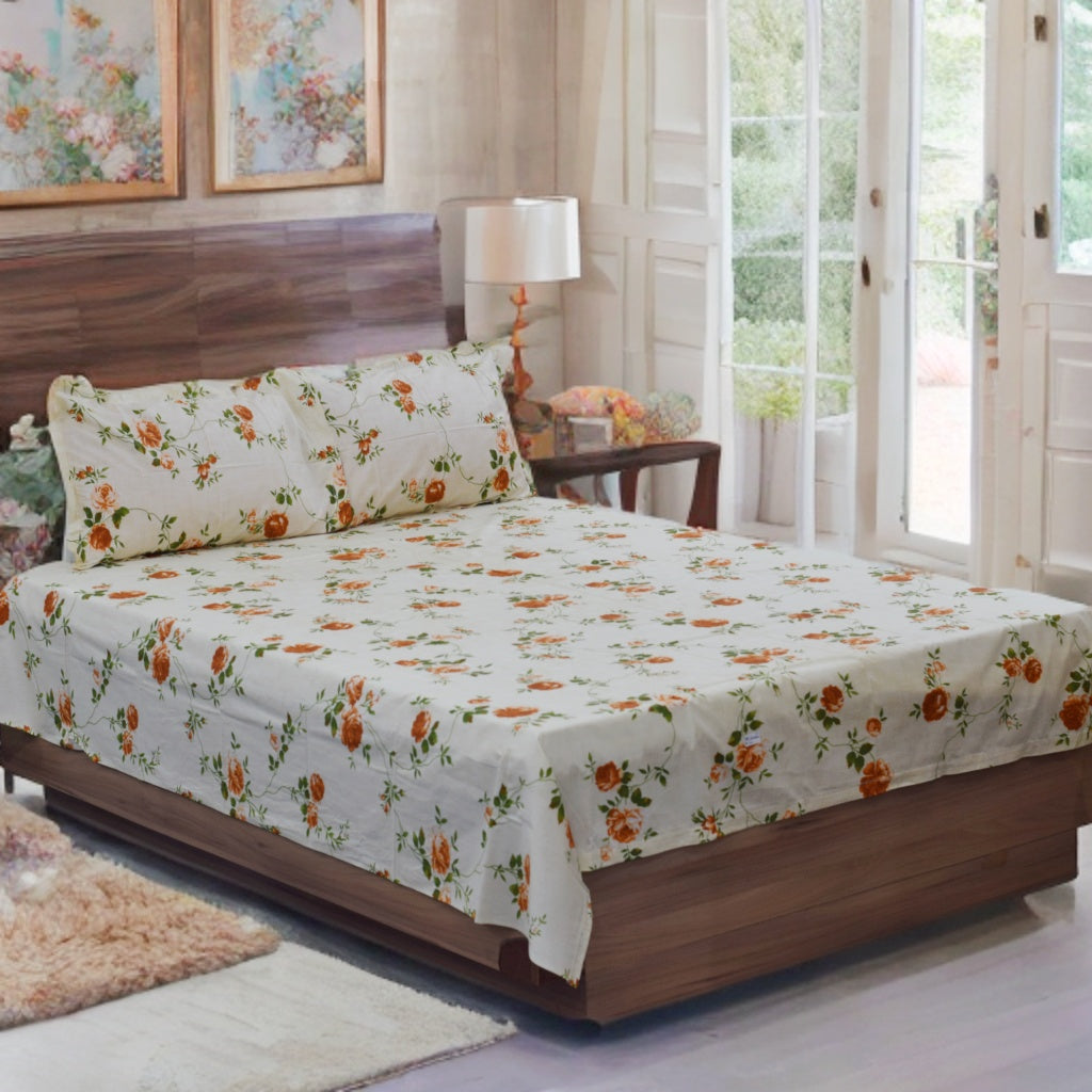 Elegant Orange &Green Floral Print Queen Size Bedsheet with 2 Pillow Covers