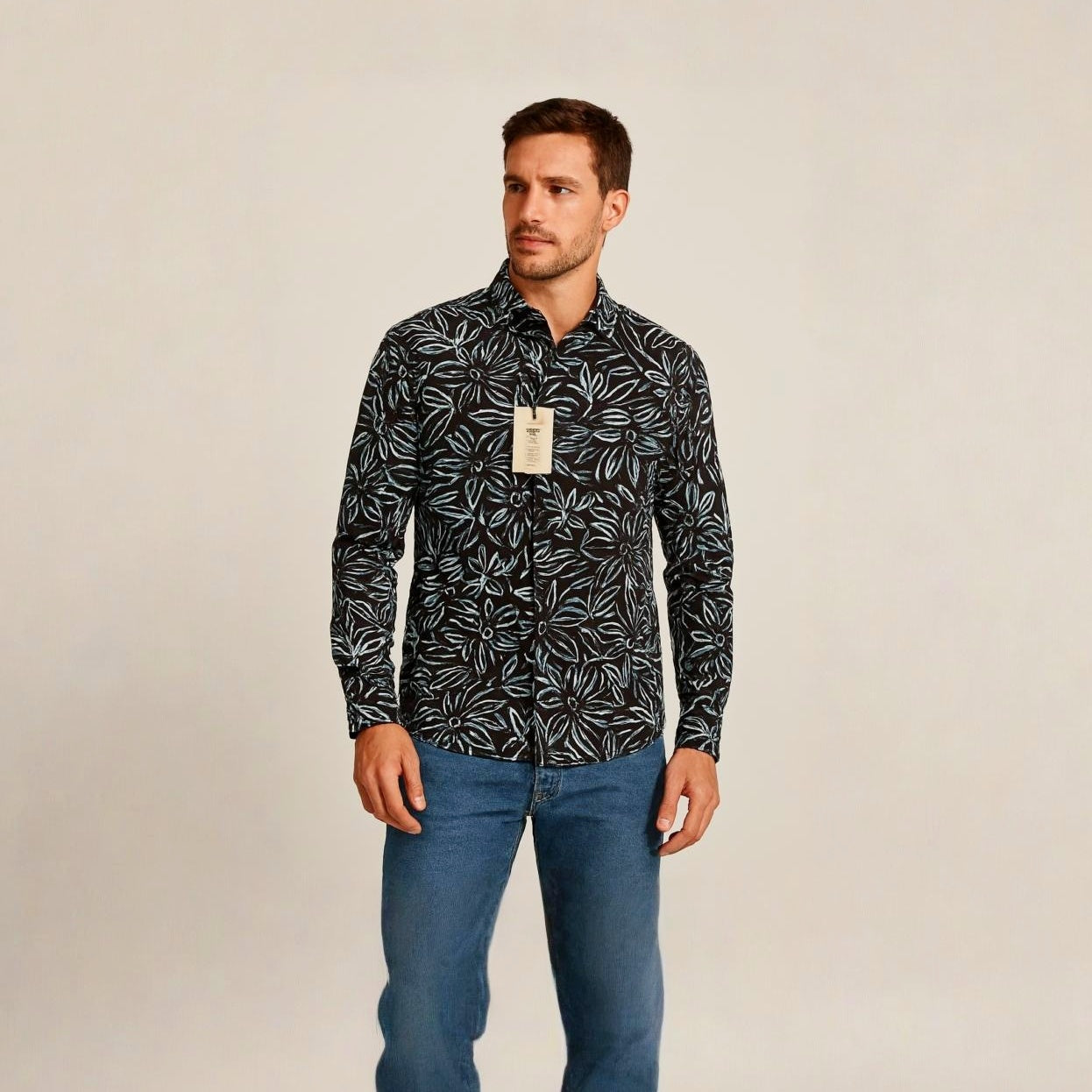 Men's Slim Fit Long Sleeve Floral Shirt - Black & Blue Leaf Print