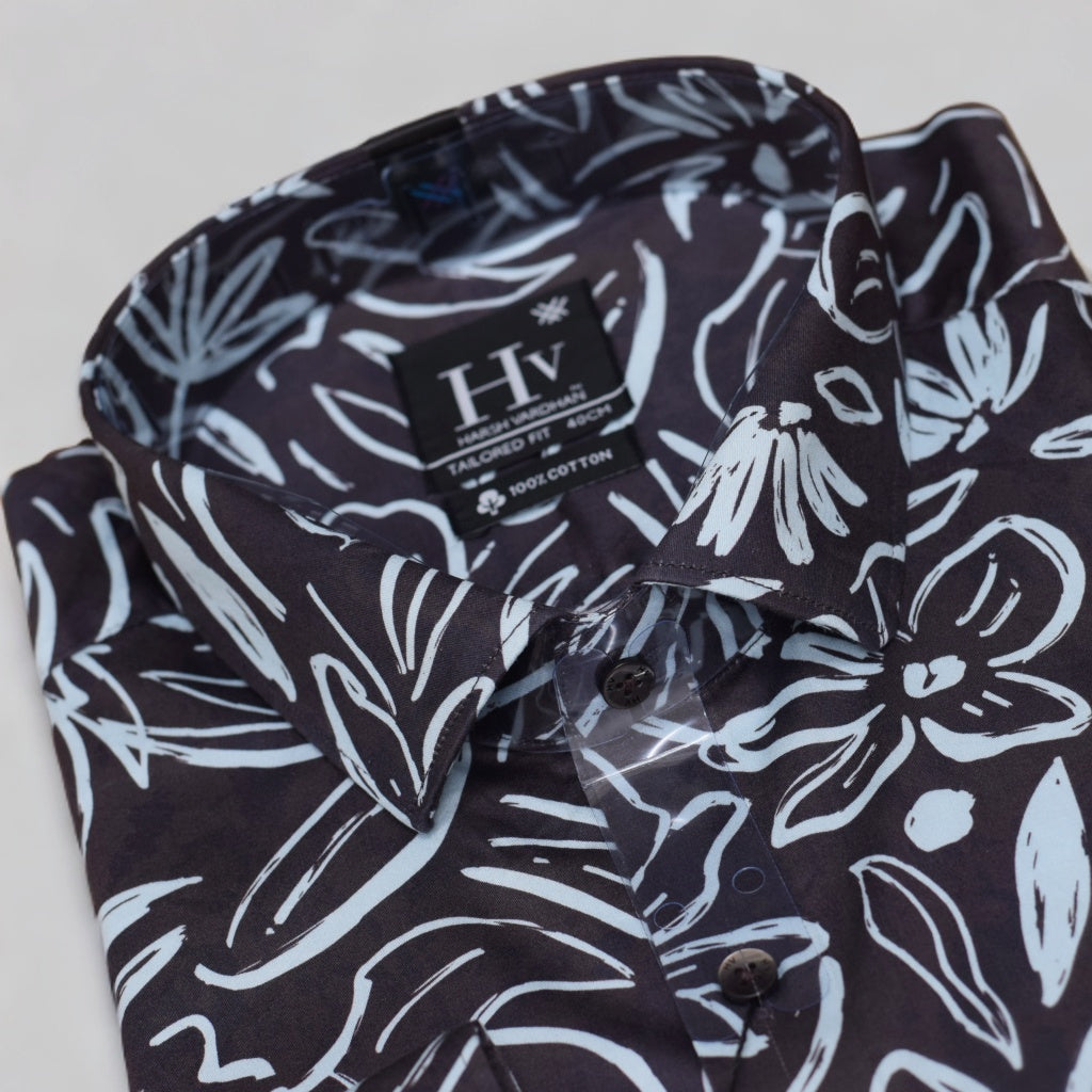 Men's Slim Fit Long Sleeve Floral Shirt - Black & Blue Leaf Print