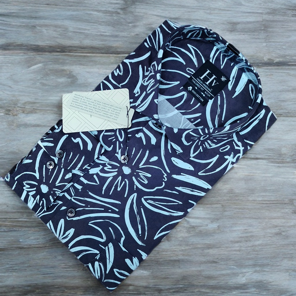 Men's Slim Fit Long Sleeve Floral Shirt - Black & Blue Leaf Print