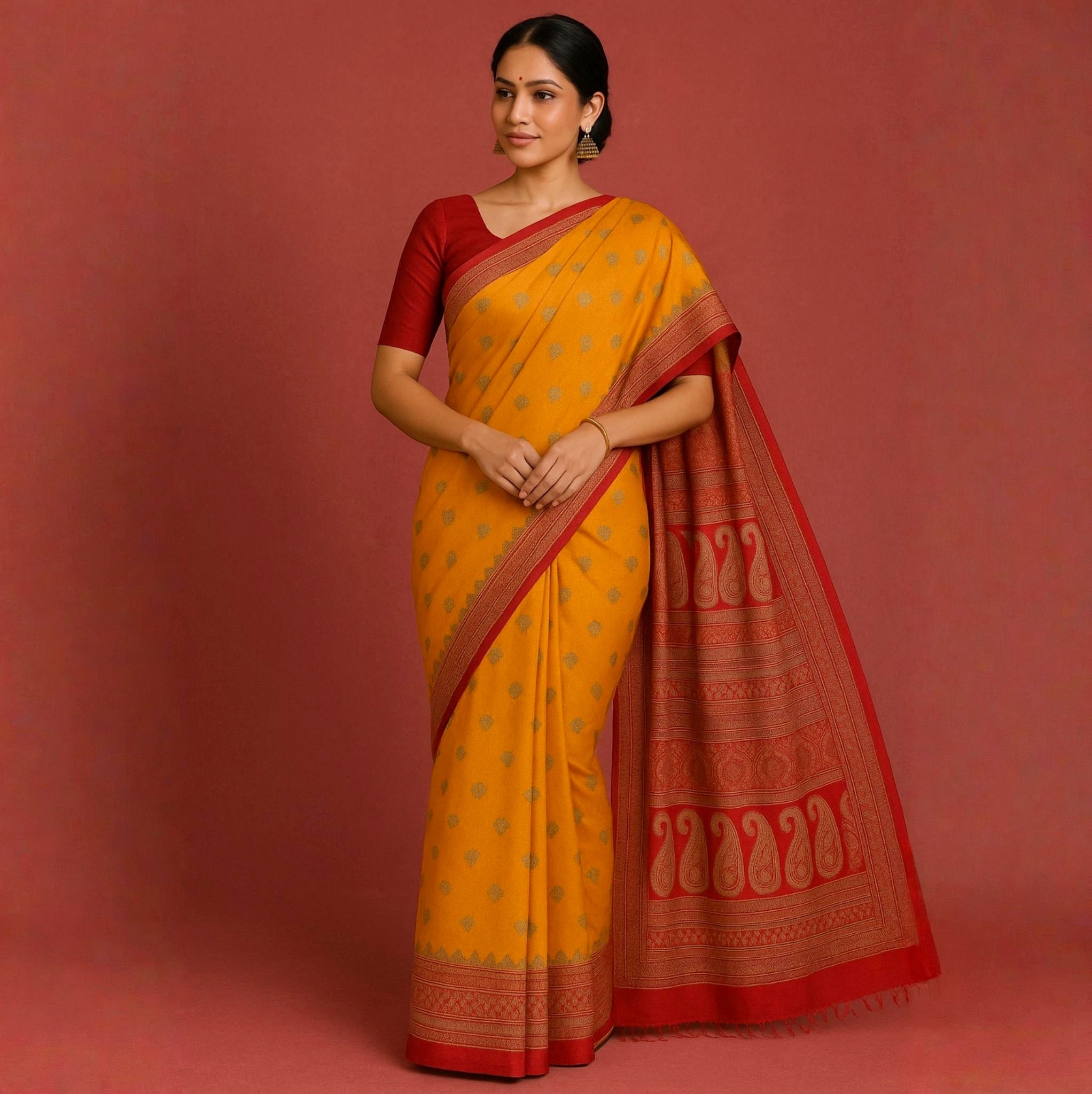 Mustard Yellow Banarassi  Silk  Saree with Meroon Border & Traditional Motifs