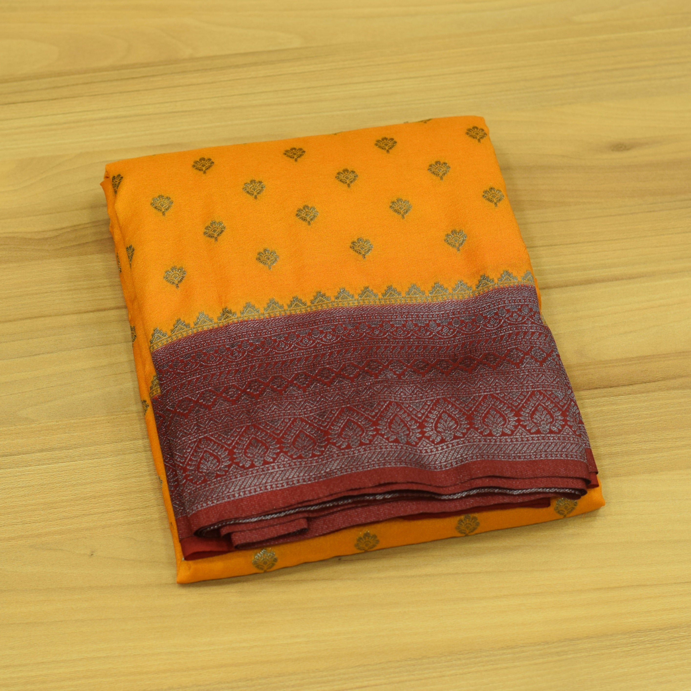 Mustard Yellow Banarassi  Silk  Saree with Meroon Border & Traditional Motifs