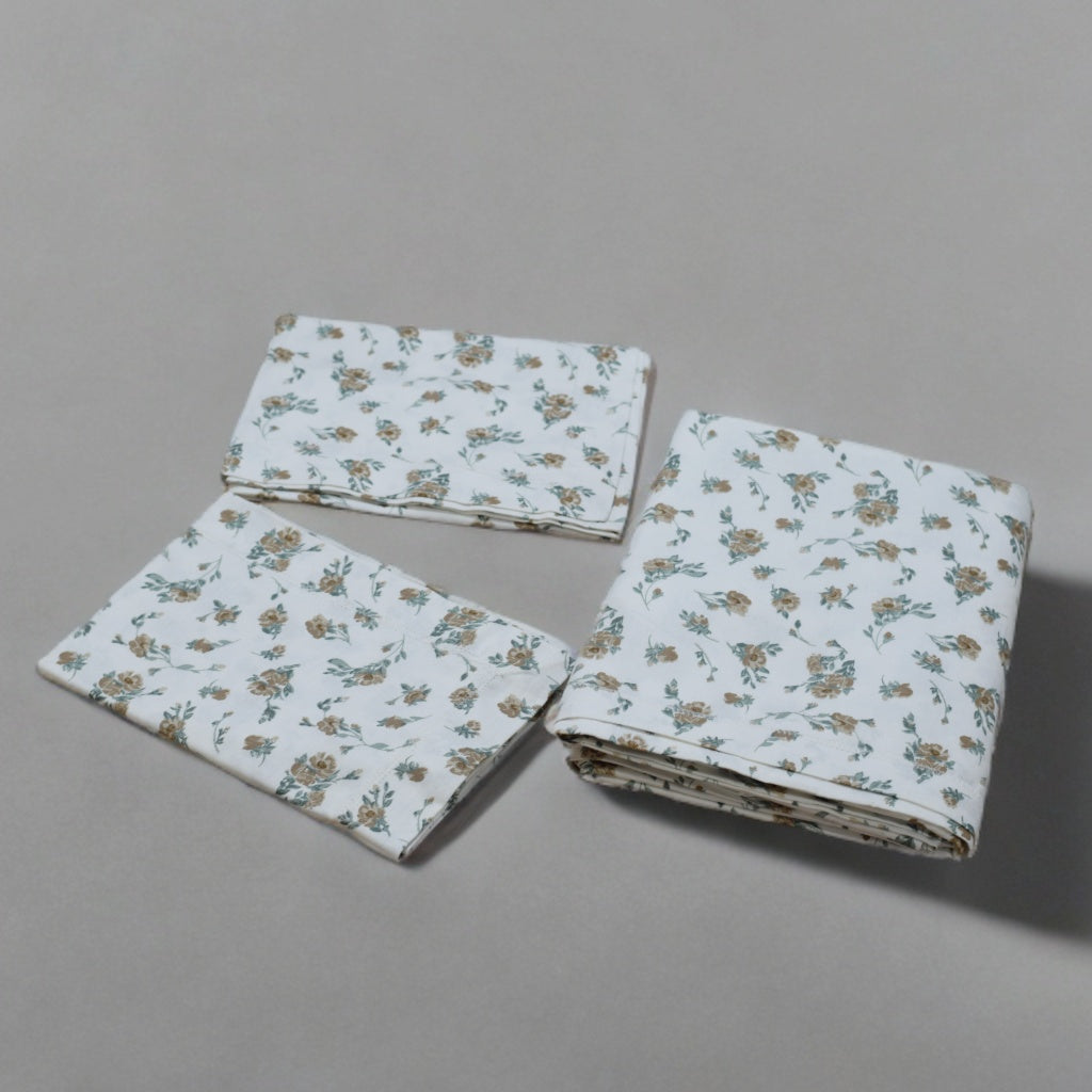 Floral Elegance Cotton Bedsheet Set – White & Mustard Rose Print