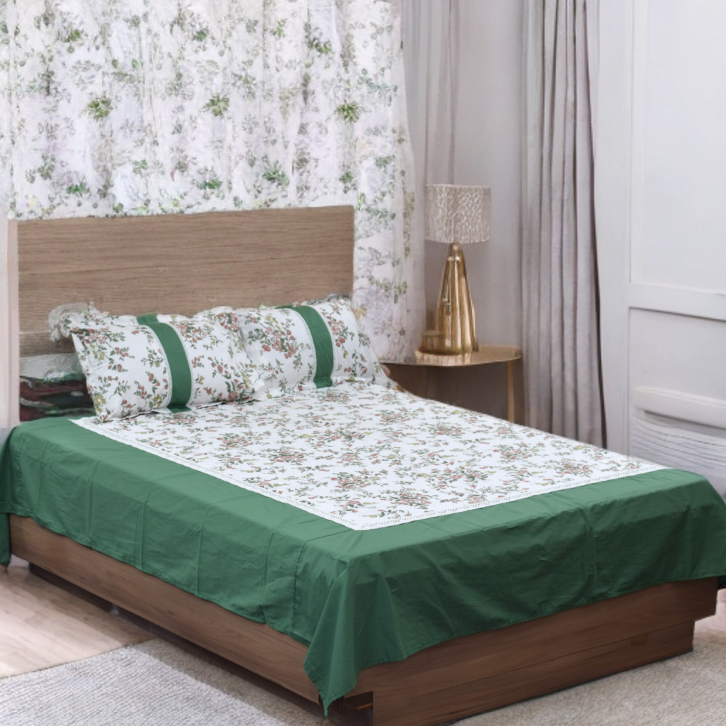 Green Blossom Printed King Size Bedsheet with Crochet Lace Border – Cotton (3-Piece Set)