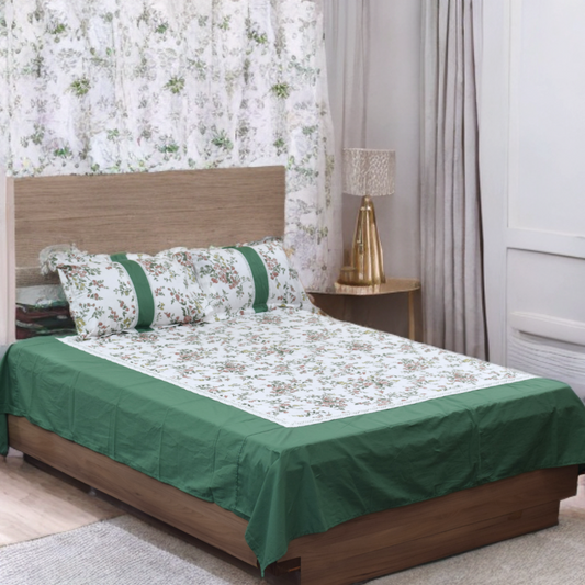 Green Blossom Printed King Size Bedsheet with Crochet Lace Border – Cotton (3-Piece Set)