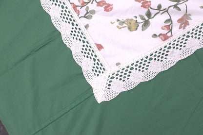 Green Blossom Printed King Size Bedsheet with Crochet Lace Border – Cotton (3-Piece Set)