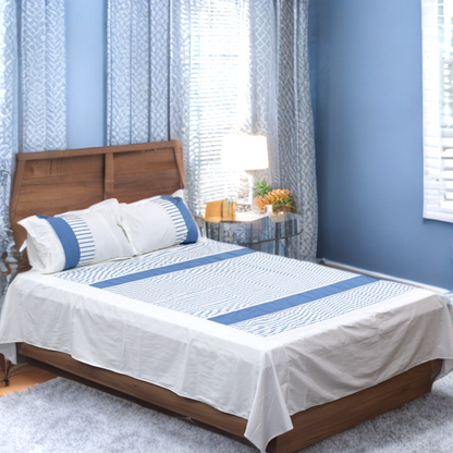 Blue &  White Striped King Size Bedsheet with Crochet Lace Border – Premium Cotton (3-Piece Set)