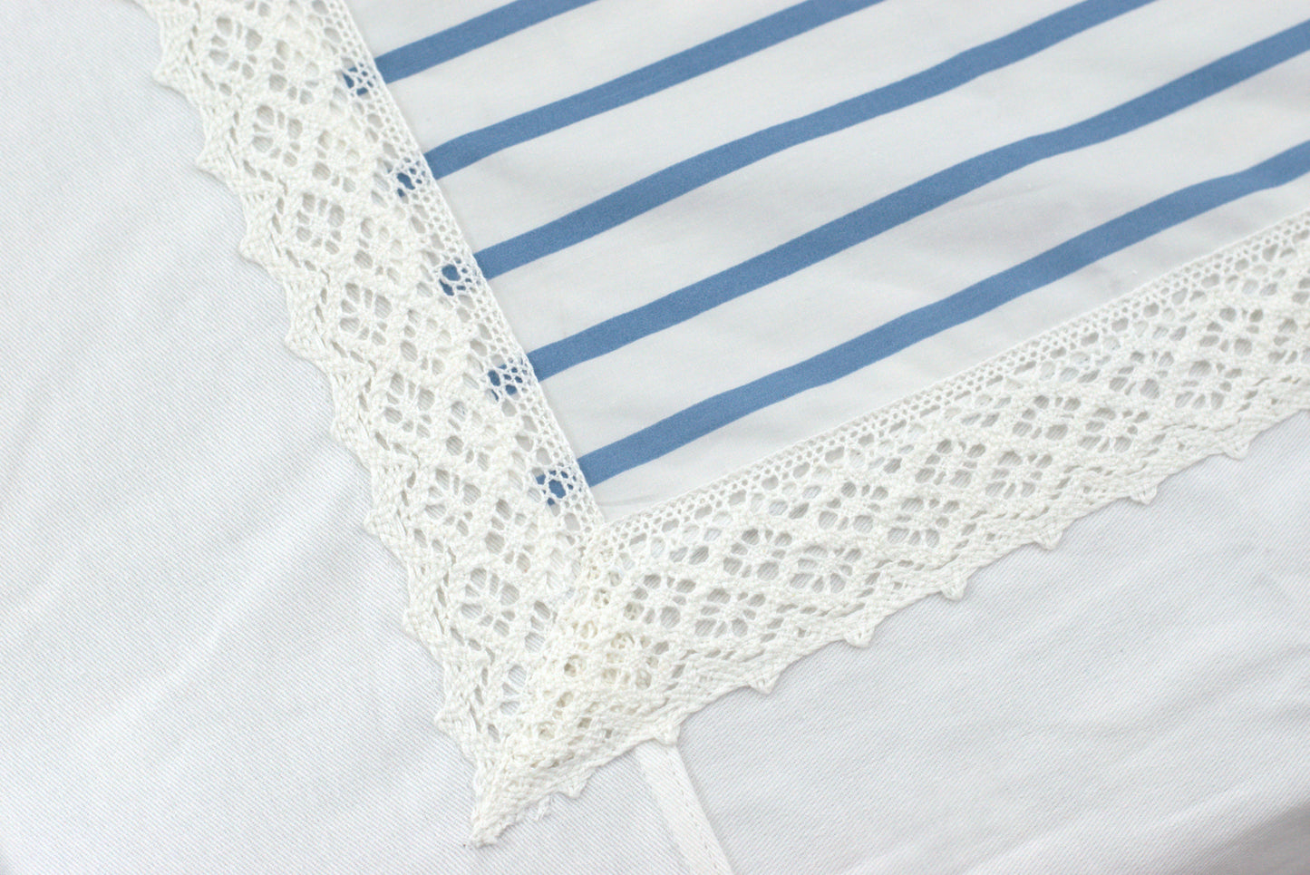 Blue &  White Striped King Size Bedsheet with Crochet Lace Border – Premium Cotton (3-Piece Set)