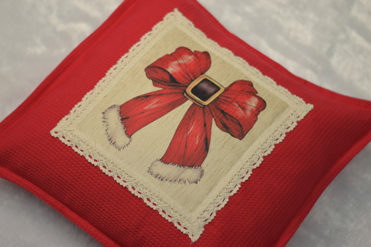 Festive Red Bow Cushion Cover – 16x16 Inch Honeycomb Cotton
