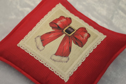 Festive Red Bow Cushion Cover – 16x16 Inch Honeycomb Cotton