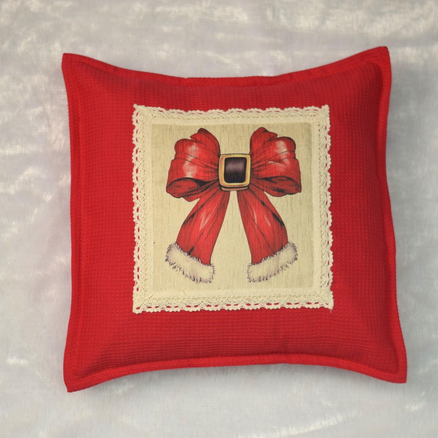 Festive Red Bow Cushion Cover – 16x16 Inch Honeycomb Cotton