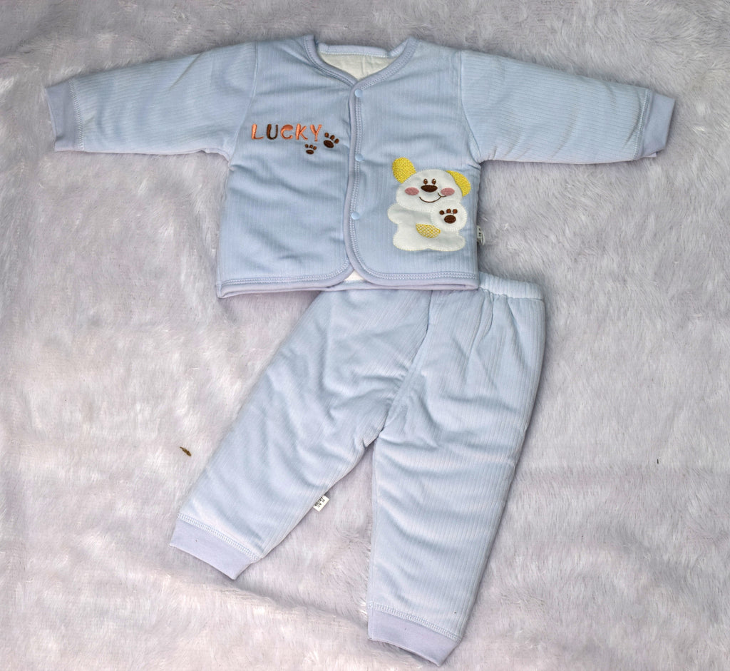 Cozy Light Blue Corduroy Baby Sweater Set | Embroidered 'Lucky' Top & Pants