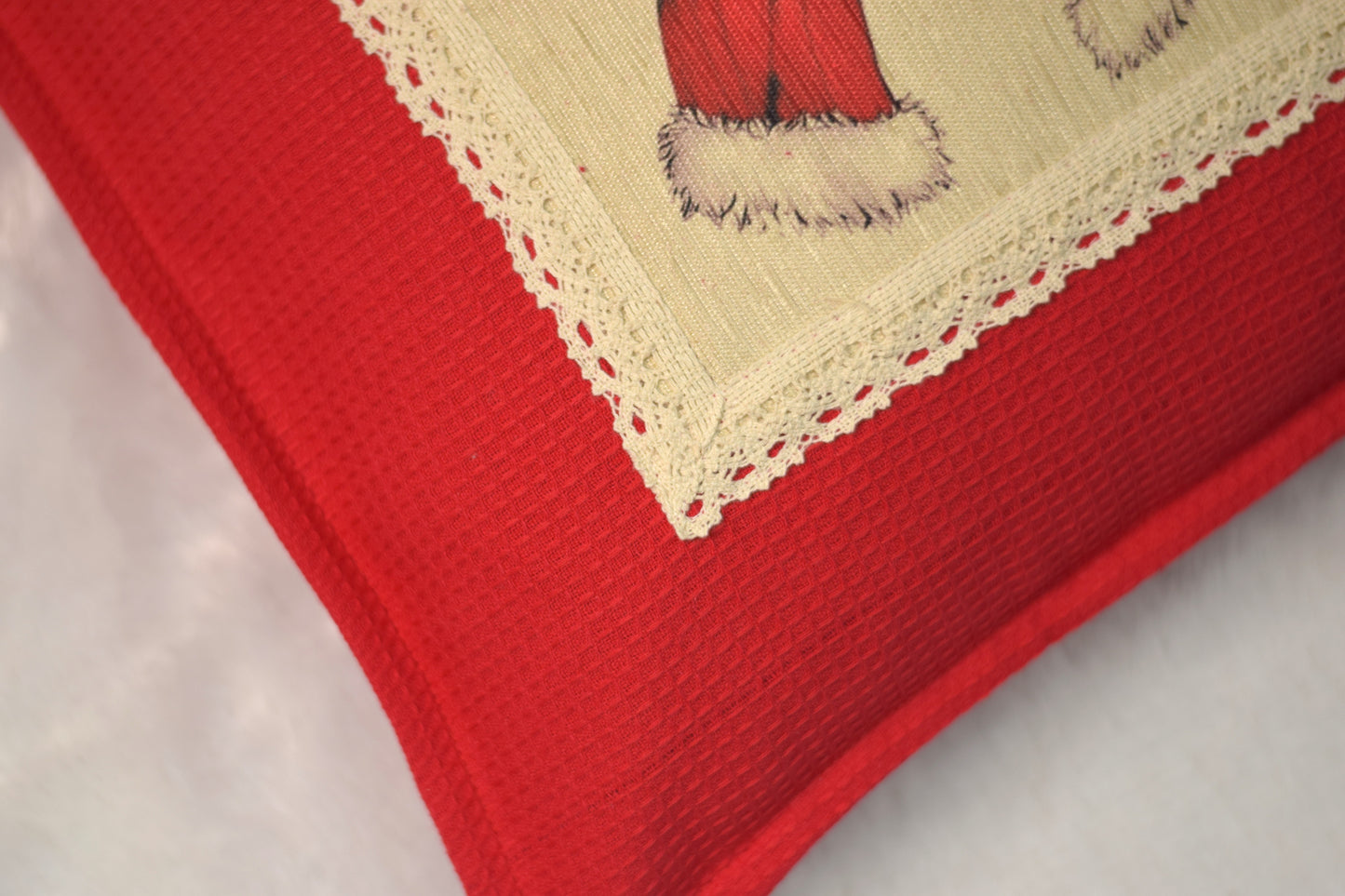 Festive Red Bow Cushion Cover – 16x16 Inch Honeycomb Cotton