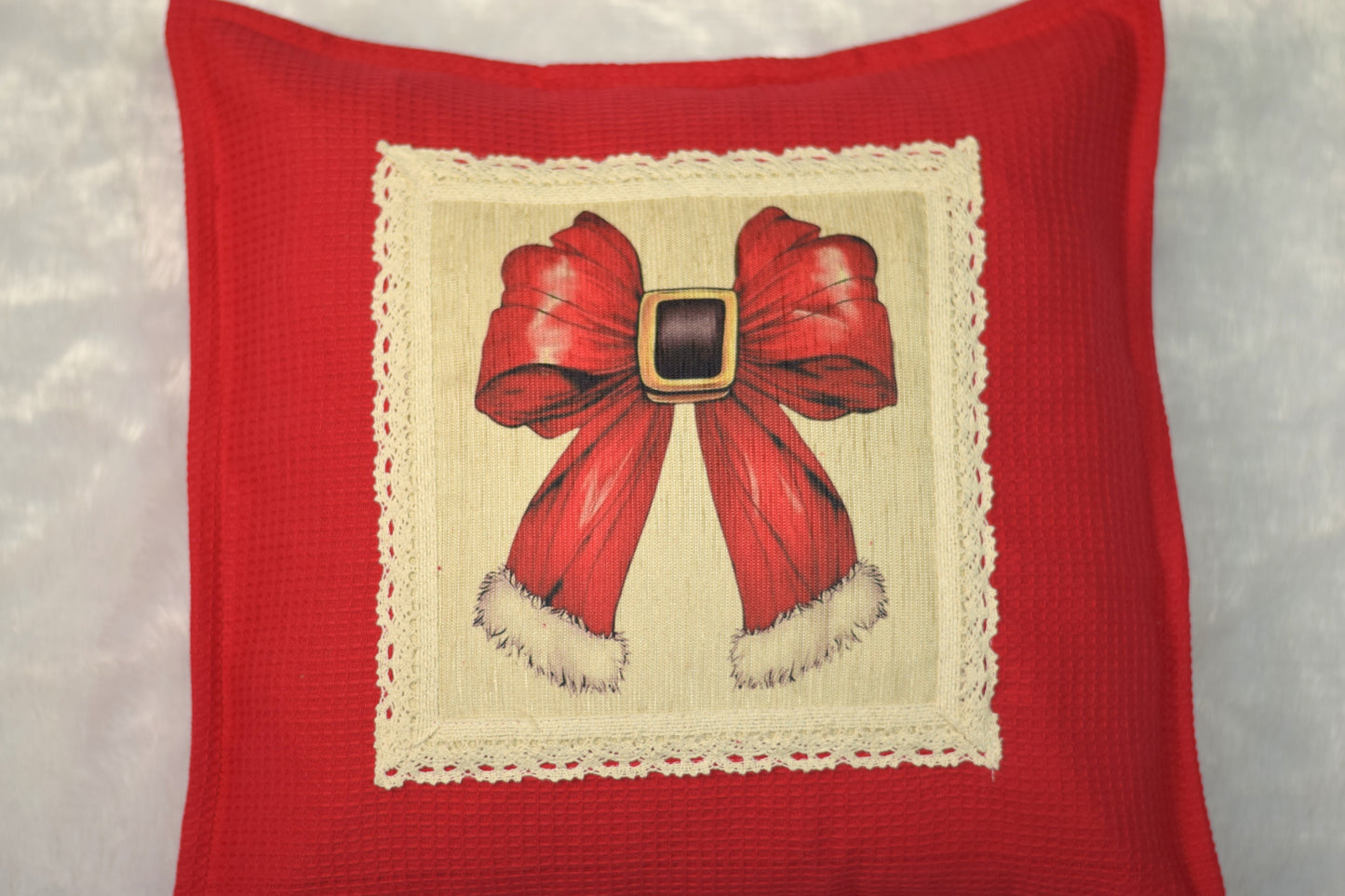 Festive Red Bow Cushion Cover – 16x16 Inch Honeycomb Cotton