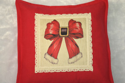 Festive Red Bow Cushion Cover – 16x16 Inch Honeycomb Cotton