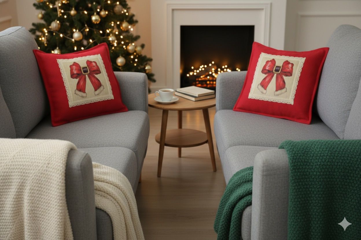 Festive Red Bow Cushion Cover – 16x16 Inch Honeycomb Cotton