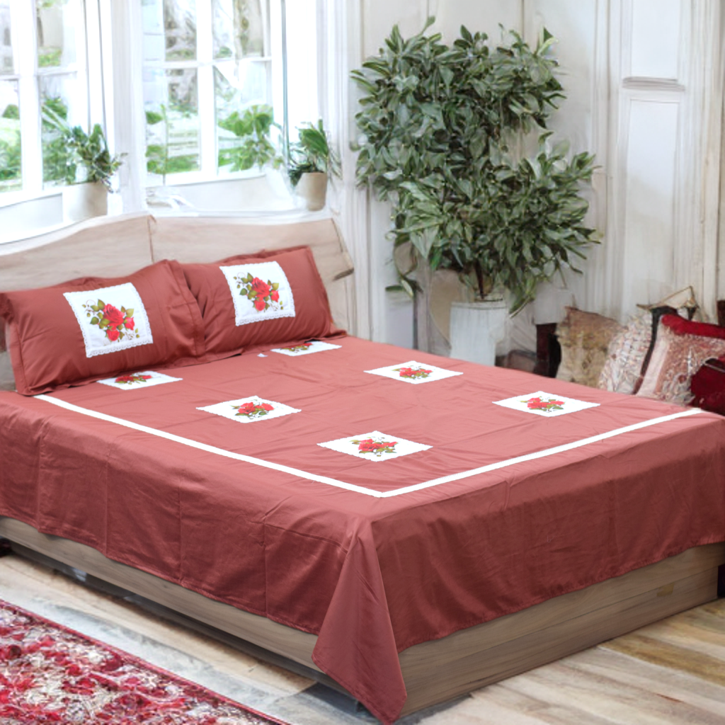 King Size Rose Patchwork Cotton Bedspread with Lace Border (2 Pillow Covers Included)
