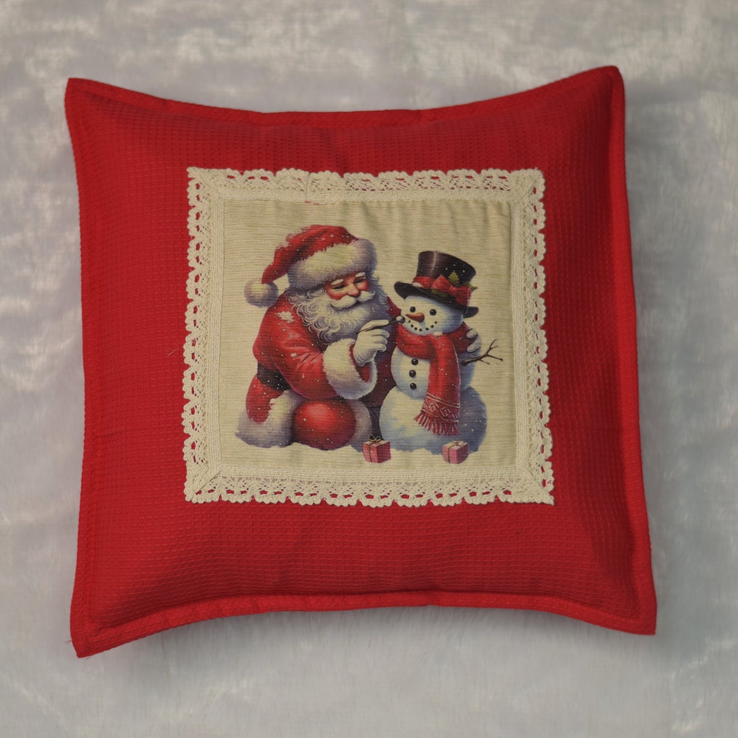 Vintage Santa & Snowman Christmas Cushion Cover - Honeycomb Knit, Lace Trim